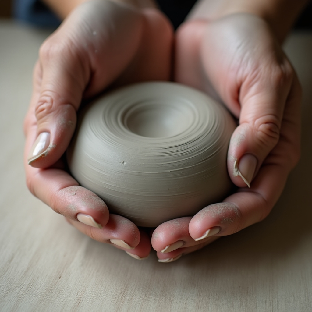 Hände formen einen Pinch-Pot aus Ton, Nahaufnahme der Fingerarbeit